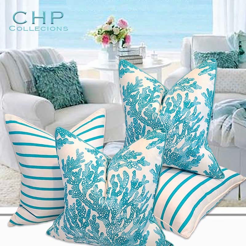 Blue Throw Pillows, Turquoise Gray White and Teal Coastal Beach