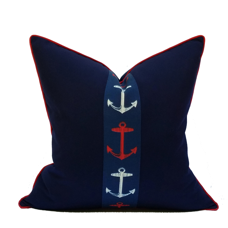 Nautical Stripes Red Anchor Soft Velvet Feel Cushion Cover With NAUTICAL-1-CPW 